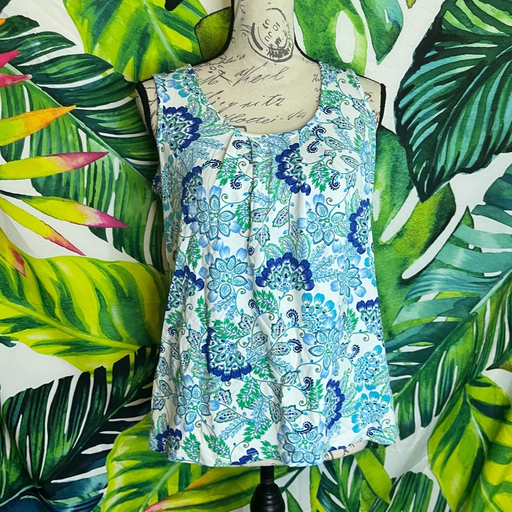Talbots SP White Blue Green Paisley Floral Stretchy Nylon Spring Summer Tank Top